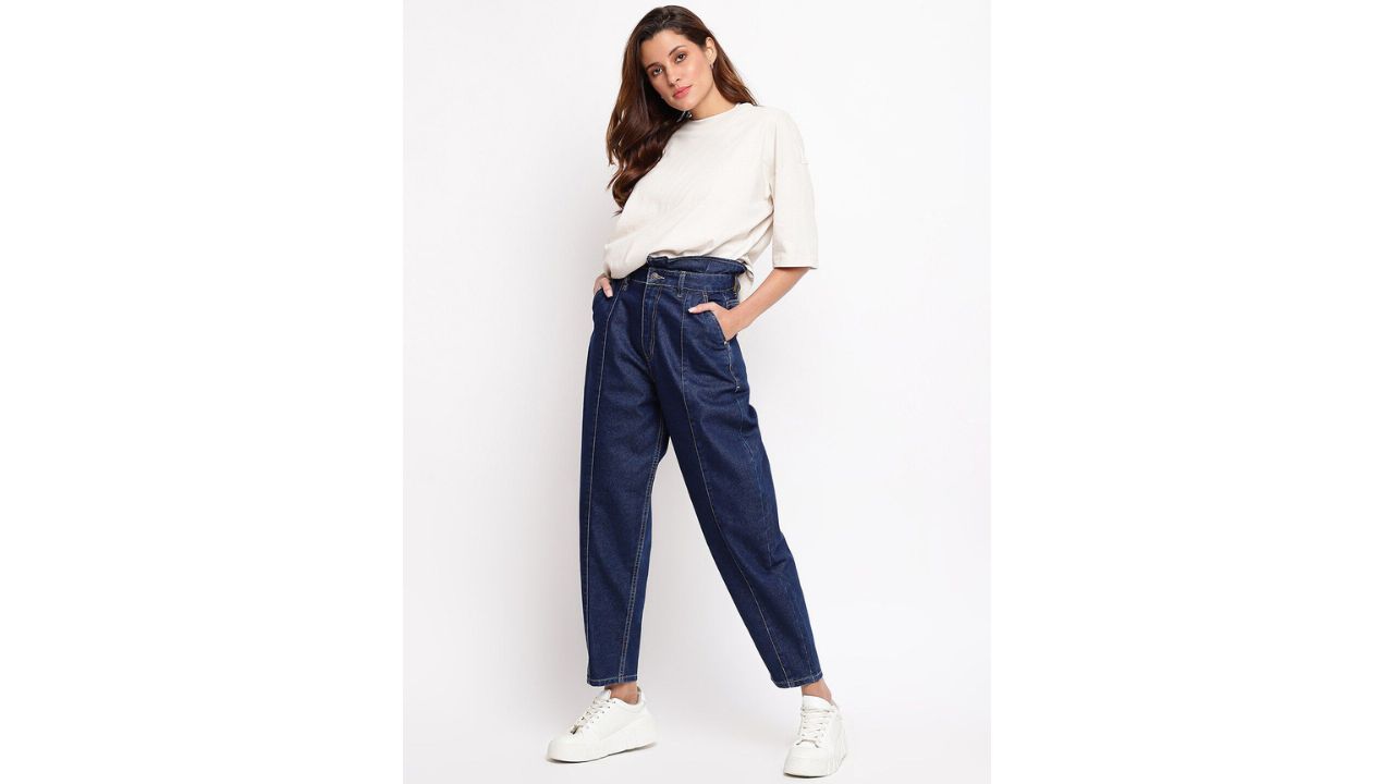 TALES & STORIES Women Blue Cotton Slouchy Fit Ankle Length Jeans