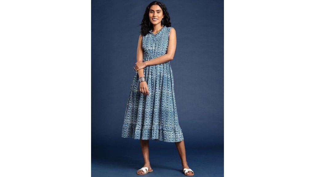 Taavi Indigo Hand Block Print Ruffled Midi Sustainable Pure Cotton A-Line Dress