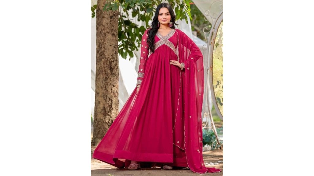 TextileNow Women Embroidered V-Neck Maxi Gown With Dupatta