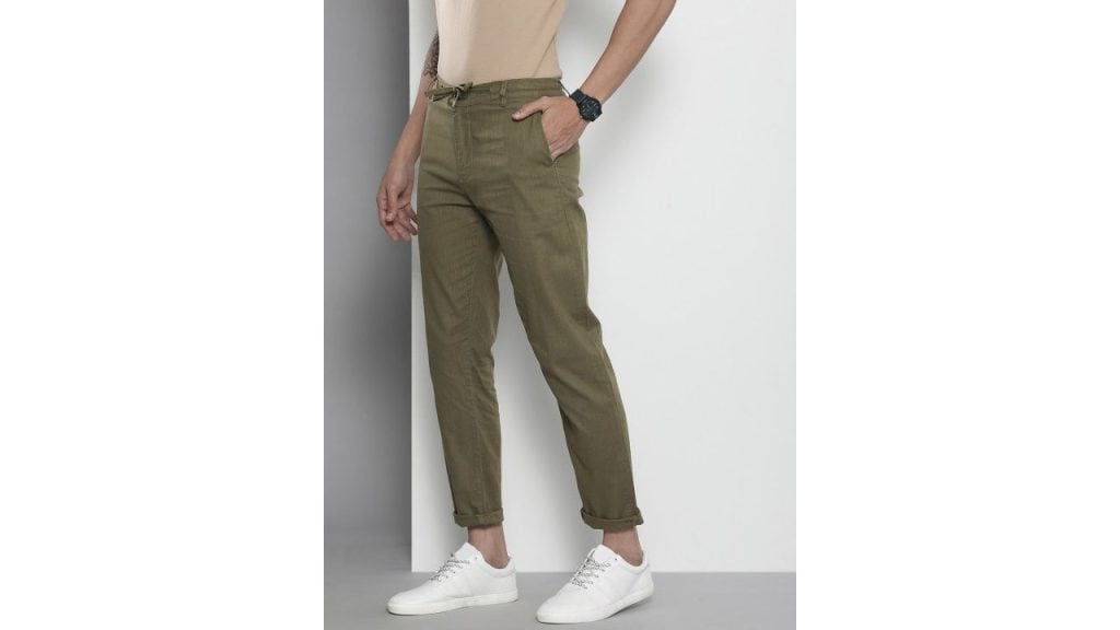 The Indian Garage Co Men Olive Green Slim Fit Linen Blend Trousers