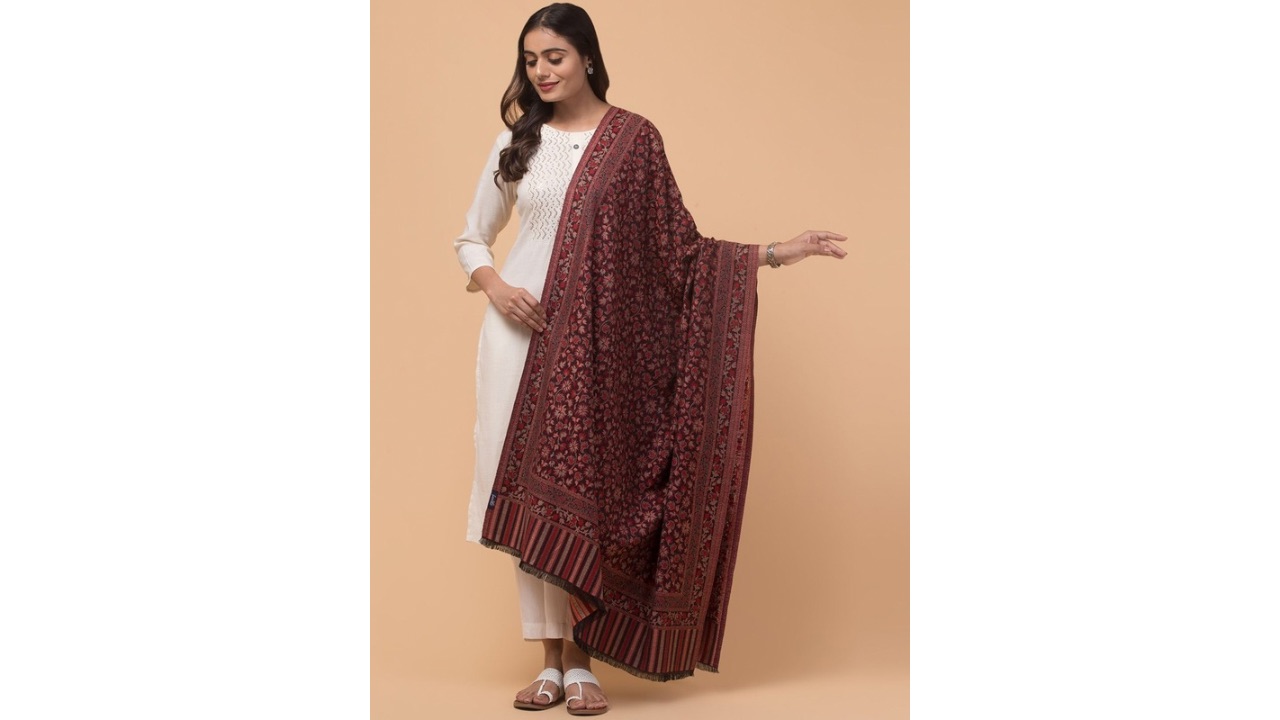 Tweedle Kashmiri Floral Woven Design Woollen Kani Shawl