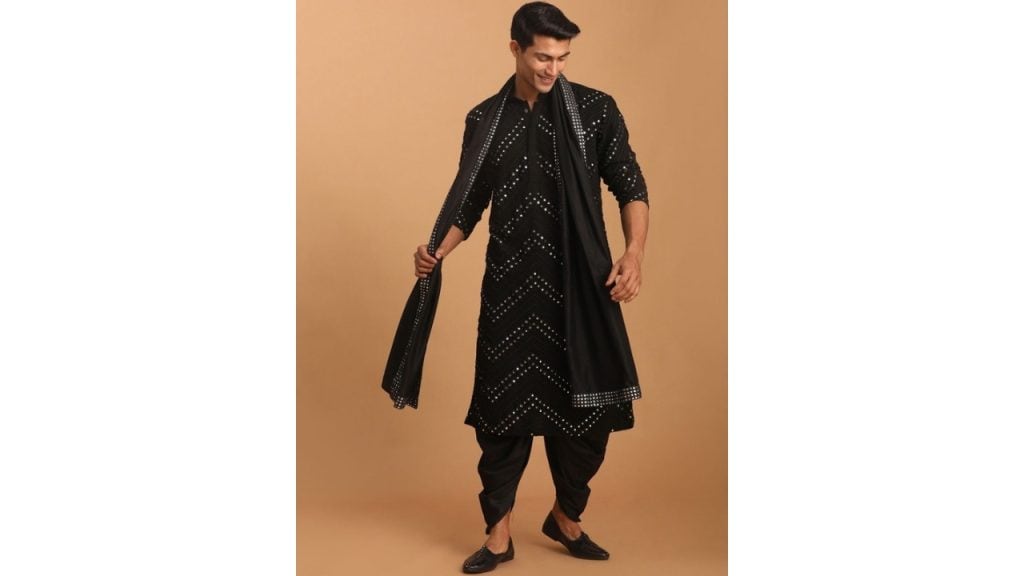 VASTRAMAY Embroidered Mirror Work Kurta with Dhoti Pants & Dupatta