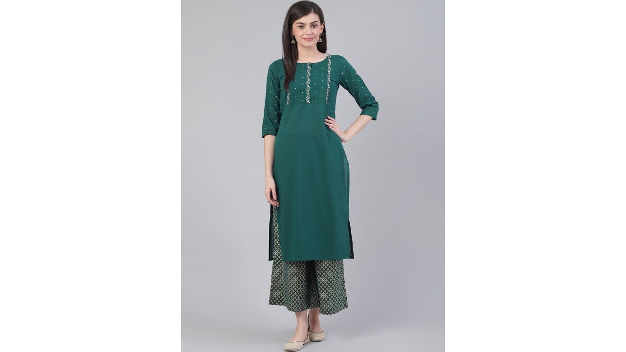 Varanga Women Green Floral Embroidered Kurta with Palazzos