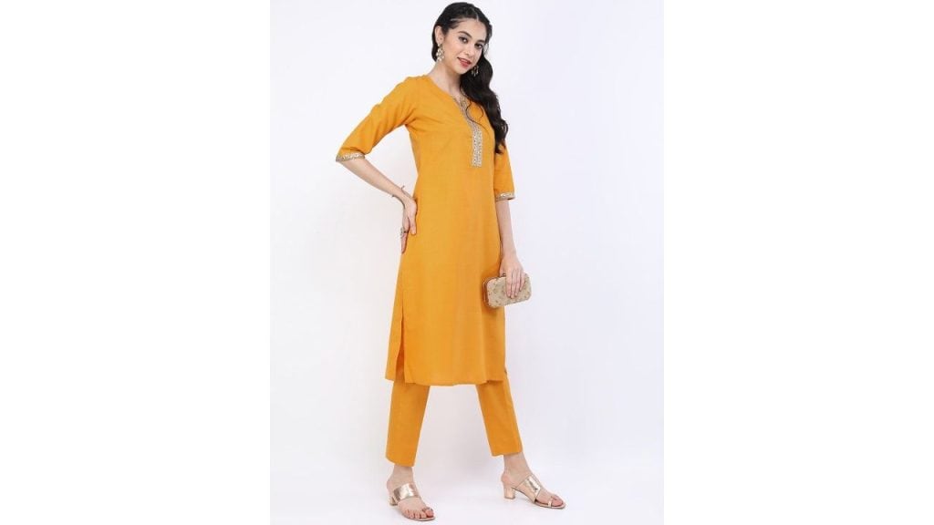 Vishudh Women Yellow Ethnic Motifs Yoke Design Sequinned Kurta with Trousers