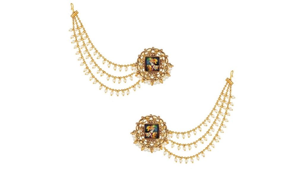 aadita Gold-Plated Circular Studs Earrings With Hair Chained