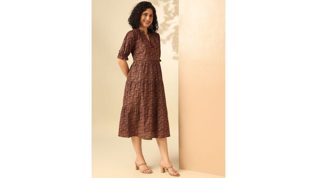 Anouk Women Ethnic Motifs Cotton Print Puff Sleeve Midi Dress