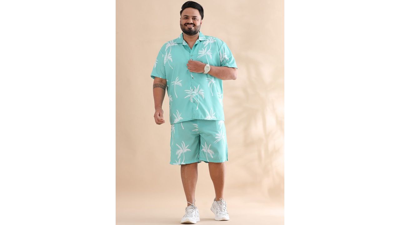 Bushirt Plus Size Tropical Printed Cuban Collar Short Sleeves Shirt With Shorts
