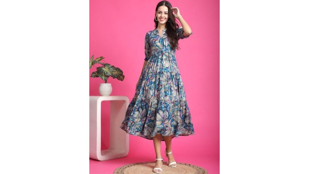 Claura Women Floral Print Mandarin Collar Short Sleeves Fit and Flare Midi Dress