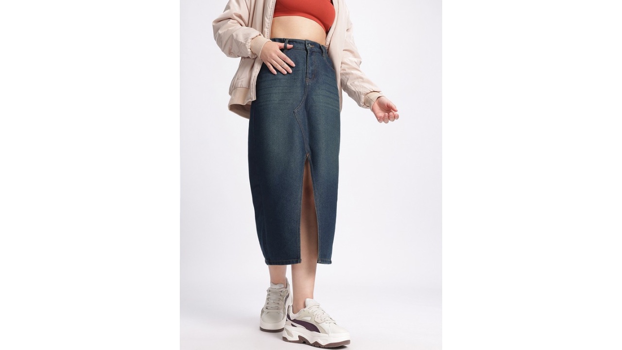 glitchez Midi Front Slit Denim Straight Skirt