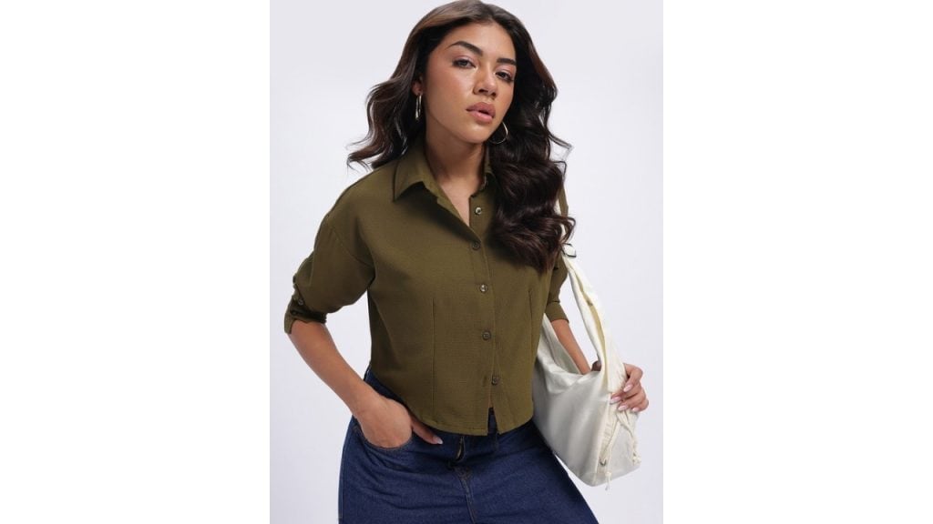 glitchez Textured & Paneled Extended Sleeves Crop Shirt