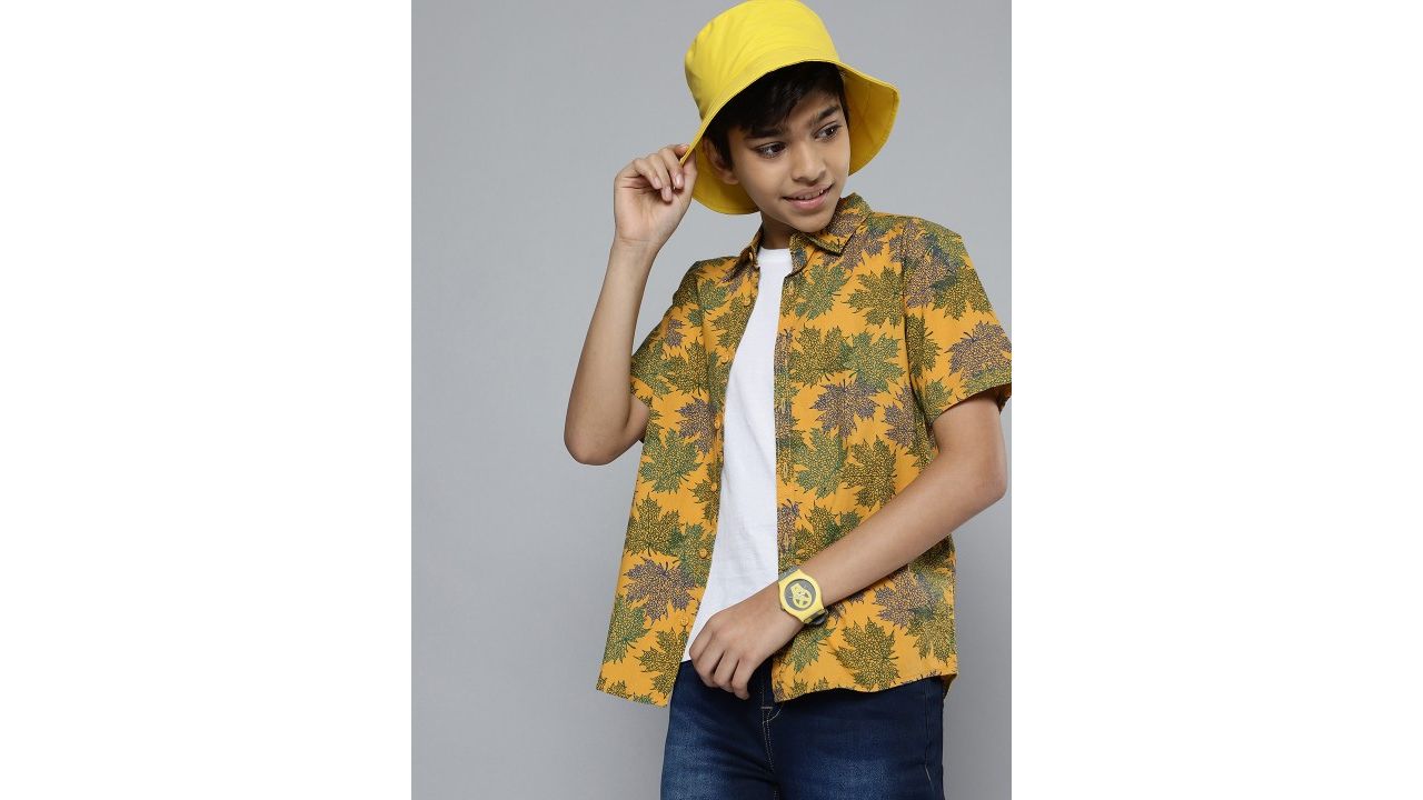 HERE&NOW Boys Yellow Floral Printed Cotton Casual Shirt