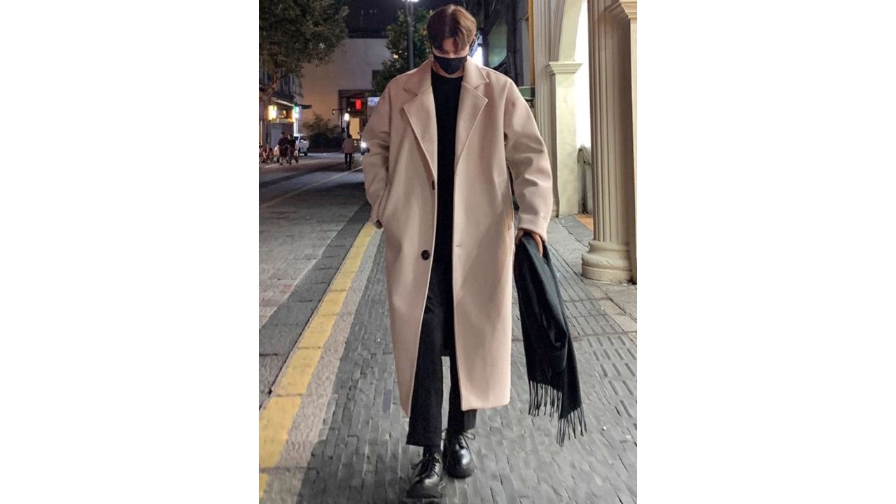 HERE&NOW Men Solid Notched Lapel Collar Casual Overcoat