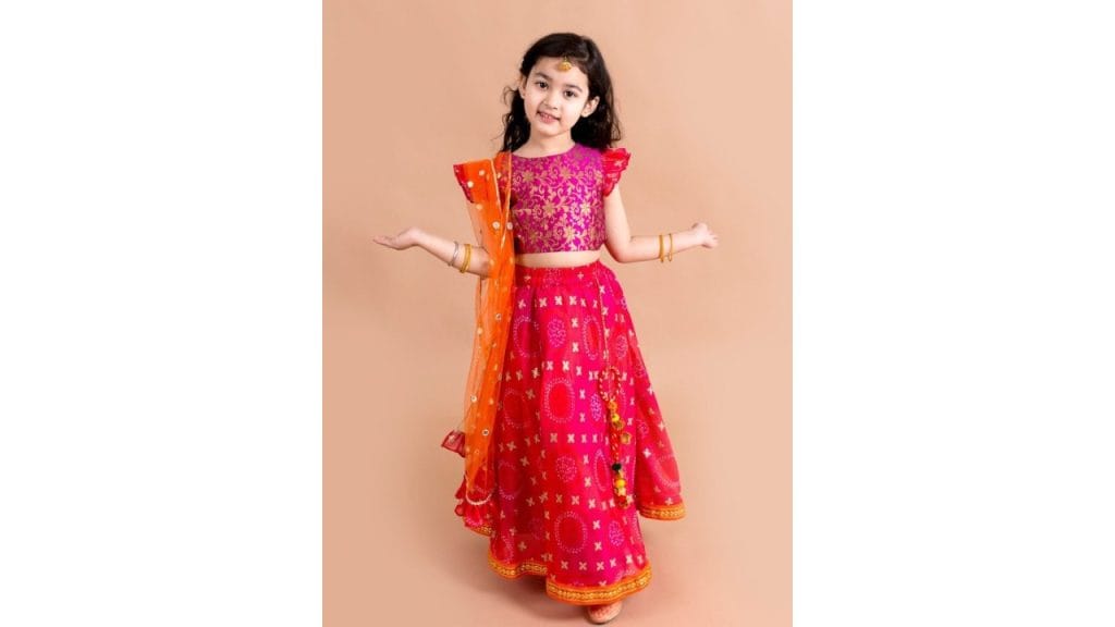 pspeaches Girls Pink & Orange Ready to Wear Lehenga & Blouse With Dupatta