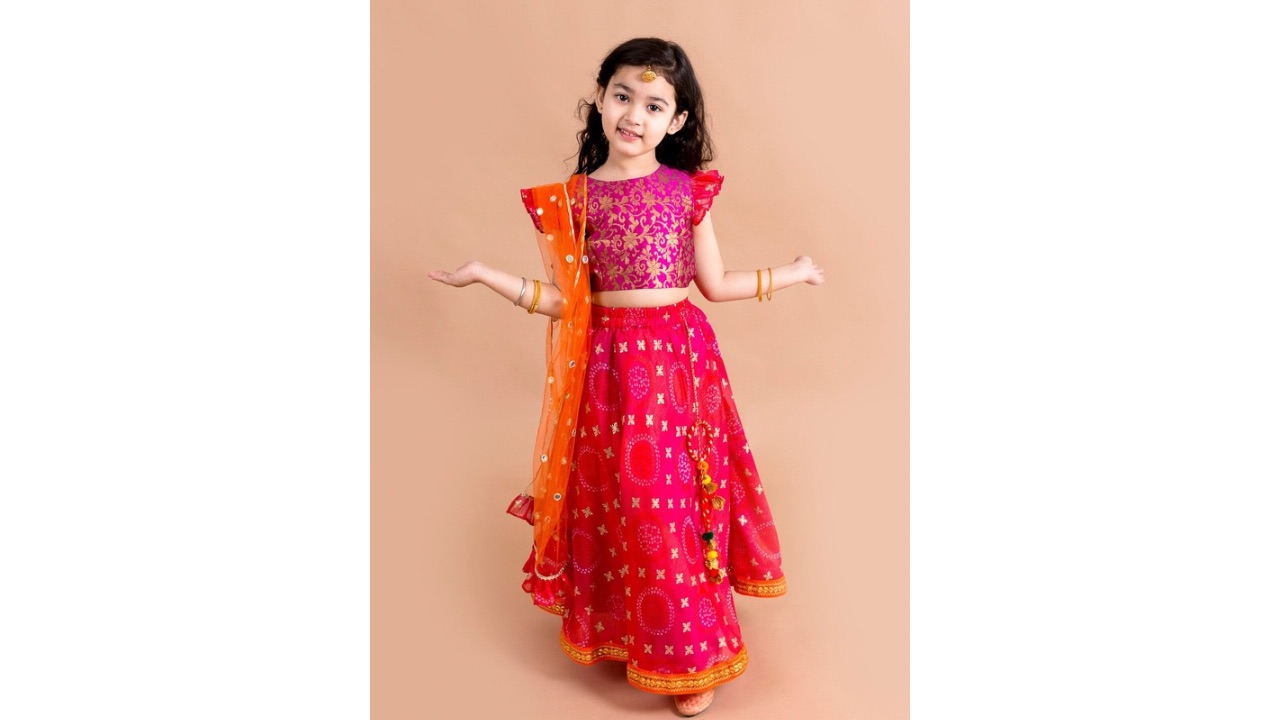pspeaches Girls Pink & Orange Ready to Wear Lehenga & Blouse With Dupatta
