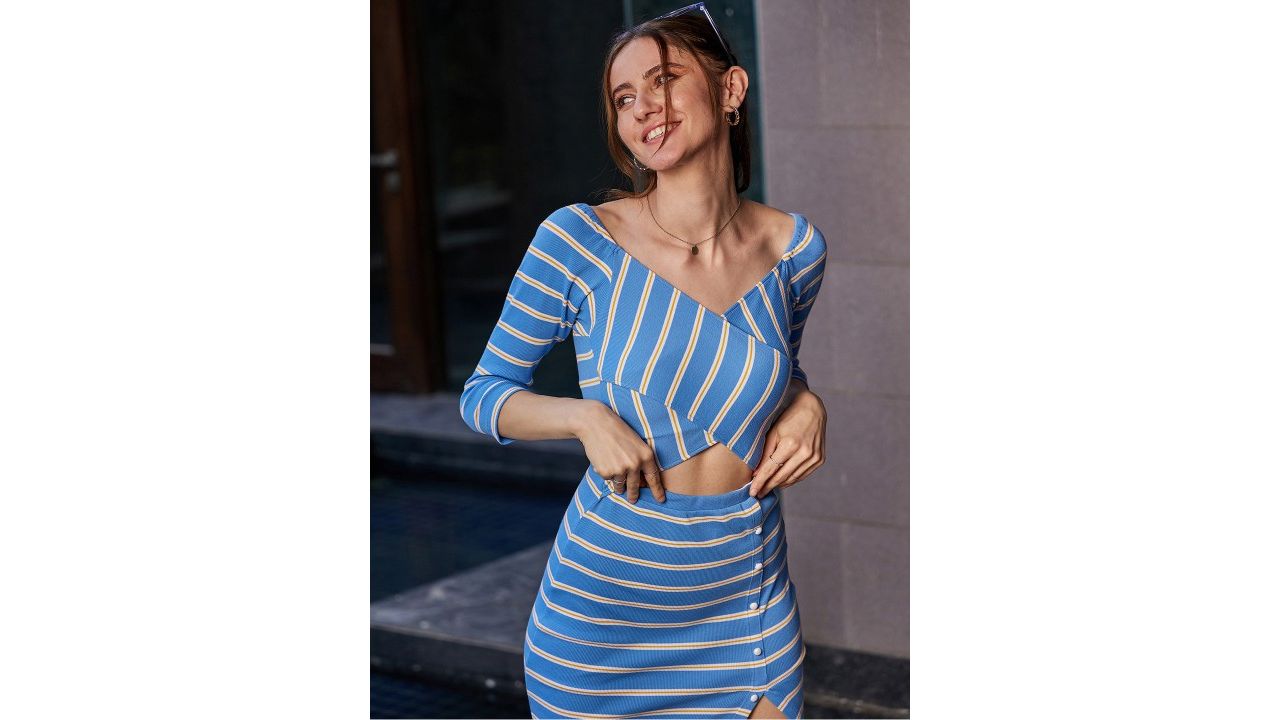 SASSAFRAS Striped Side Slit Cut-Out Detail Sheath Midi Dress