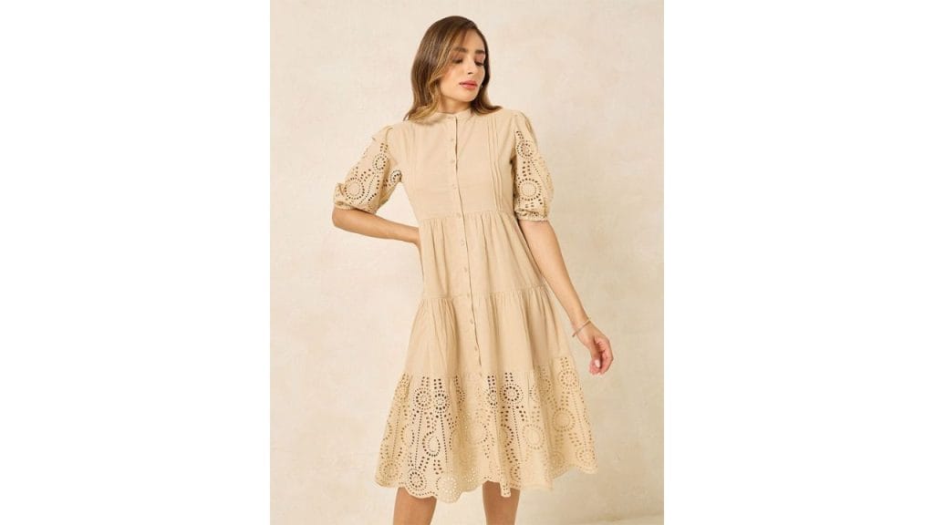 Styli Self Design Mandarin Collar Puff Sleeve Midi Cotton A-Line Dress