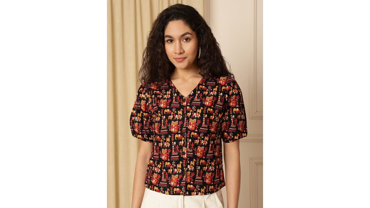 AKIMIA Tribal Print Puff Sleeve Cotton Shirt Style Crop Top