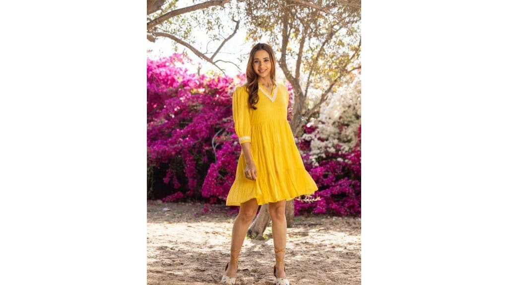 Ambraee Women Mandarin Collar Puff Sleeves Lace Inserts Solid Fit & Flare Dress