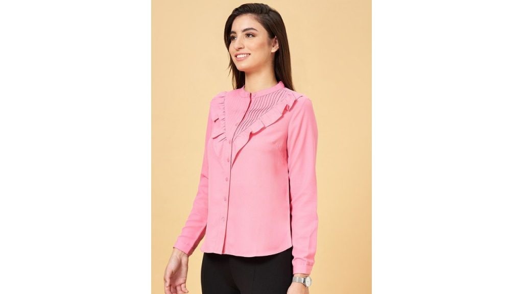 Annabelle by Pantaloons Band Collar Ruffled Pleated Formal Shirt