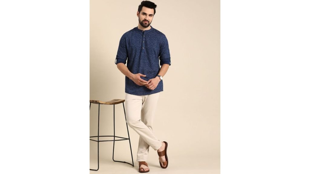 Anouk Men Geometric Printed Cotton Indigo Short Kurta