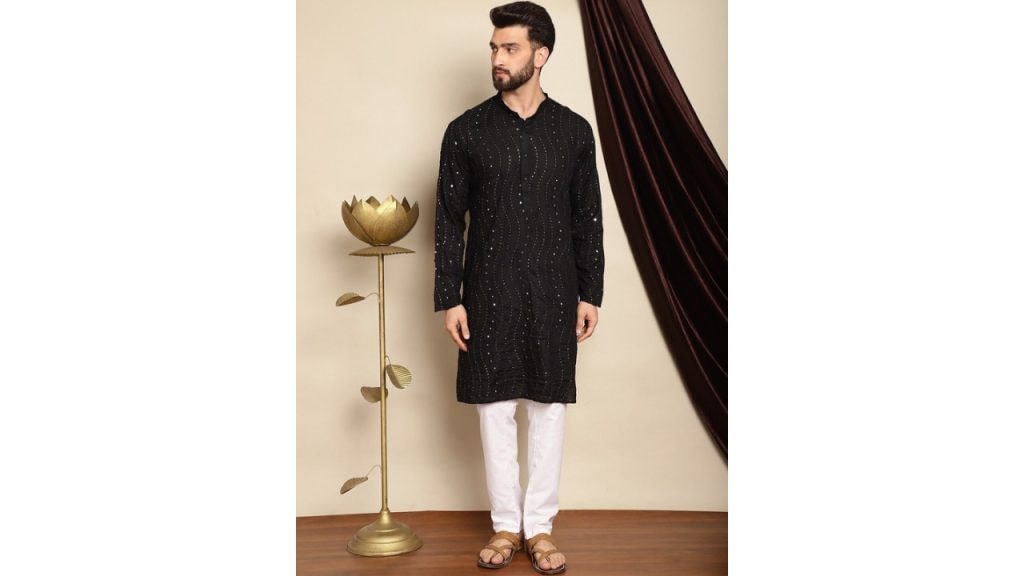AnoukMen Ethnic Motifs Embroidered Regular Mirror Work Pure Cotton Kurta With Pyjama