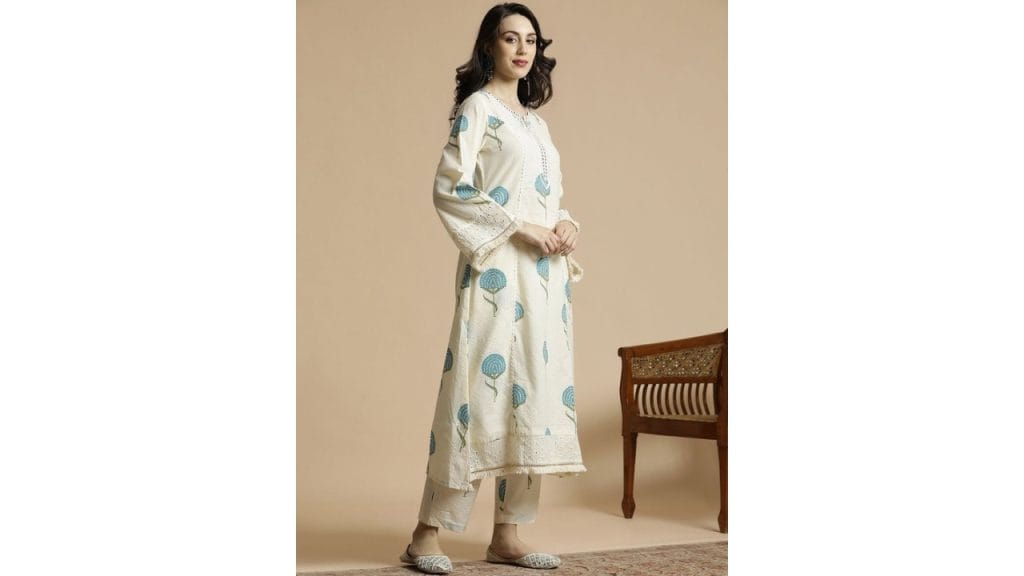 AnoukOff-White & Blue Floral Printed Notch Neck Thread Work Cotton A-Line Kurta & Trouser