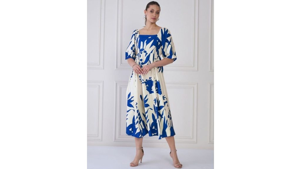 Antheaa Tie and Dye Print Puff Sleeve Crepe A-Line Midi Dress