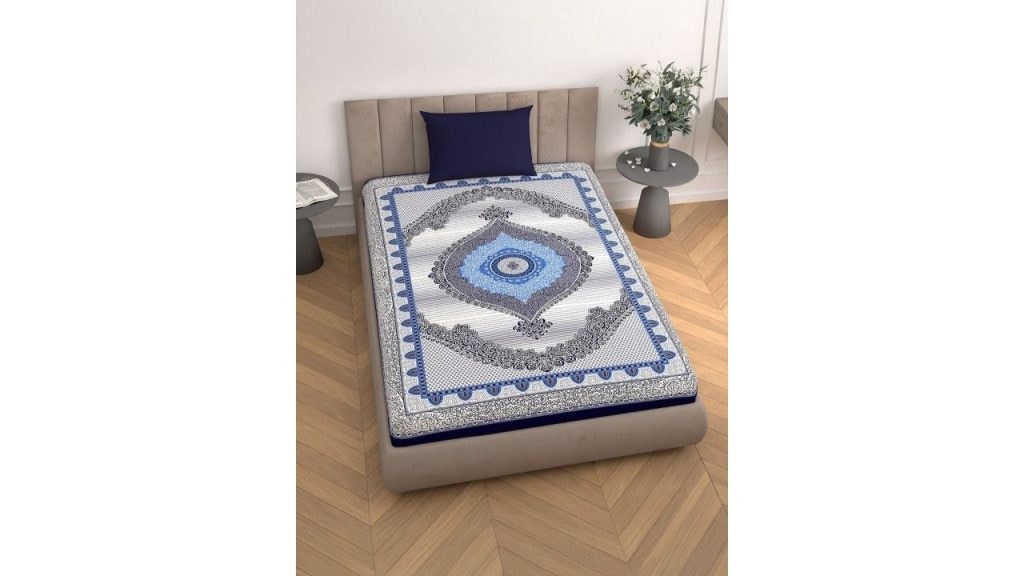 Aura Turquoise Blue & White Ethnic Motifs 110 TC Single Bedsheet with 1 Pillow Covers