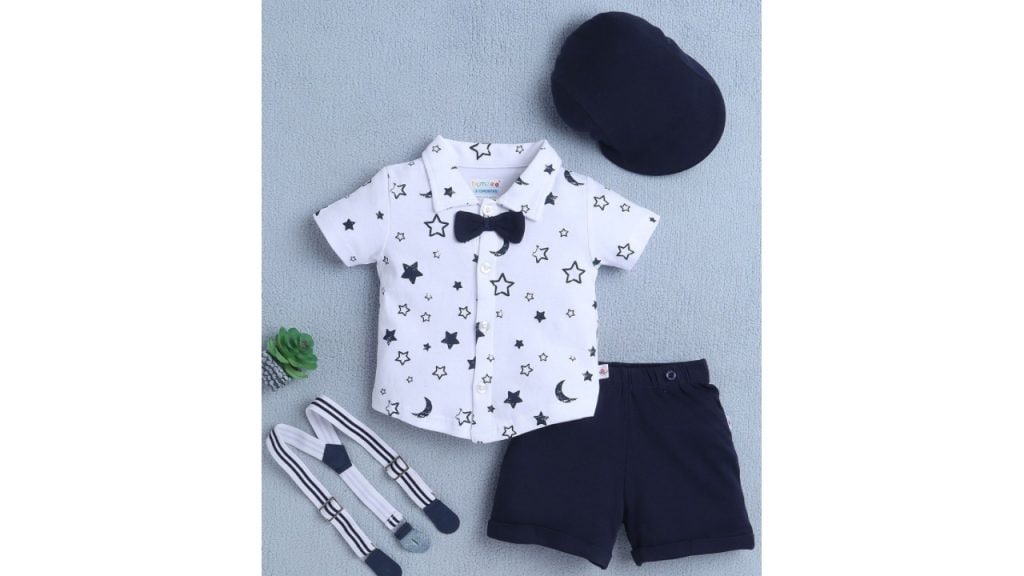 BUMZEEBoys Printed Pure Cotton Shirt with Short Set With Bow Suspender & Cap