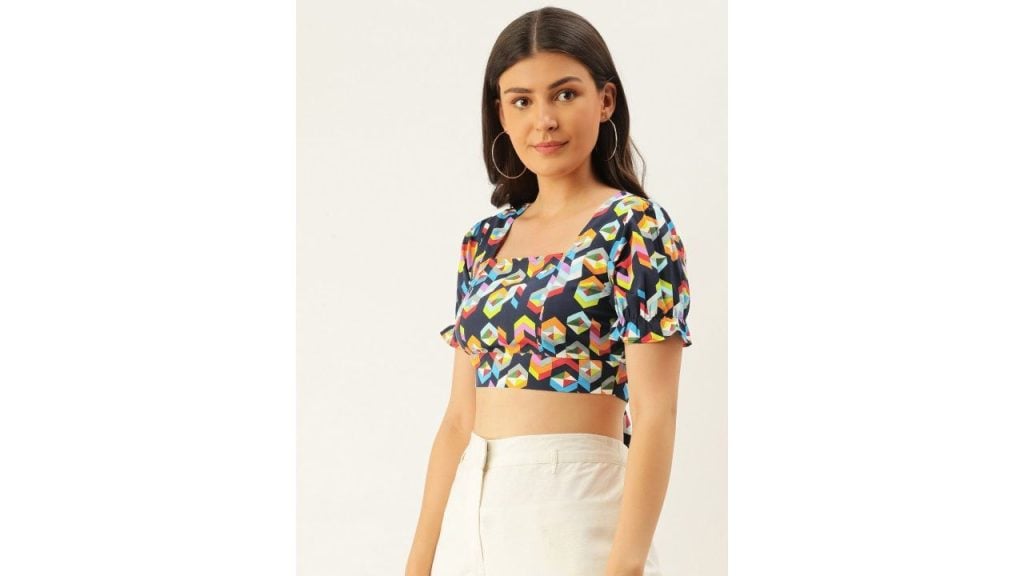 Berrylush Multicoloured Geometric Printed Puff Sleeves Styled Back Crop Top