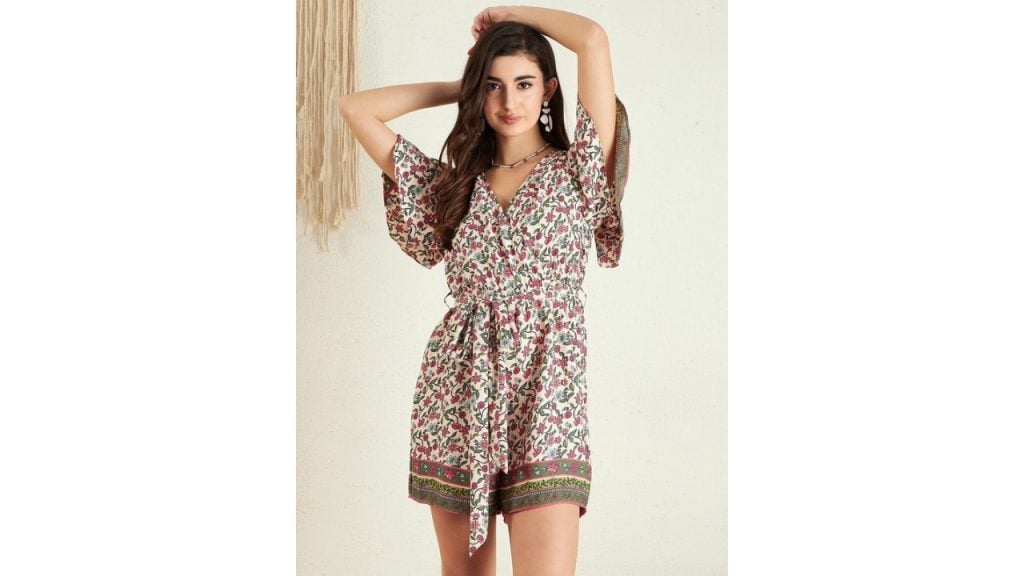 Berrylush Pink Floral Printed V-Neck Flared Sleeves Playsuit With Belt