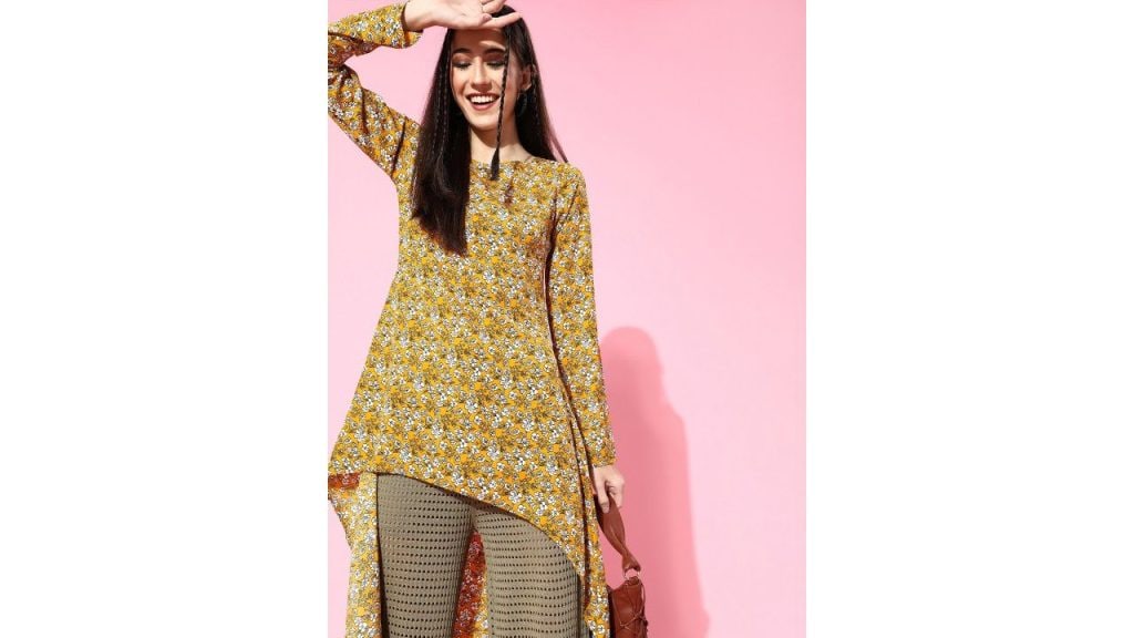 Berrylush Women Stylish Mustard Floral Asymmetrical Top
