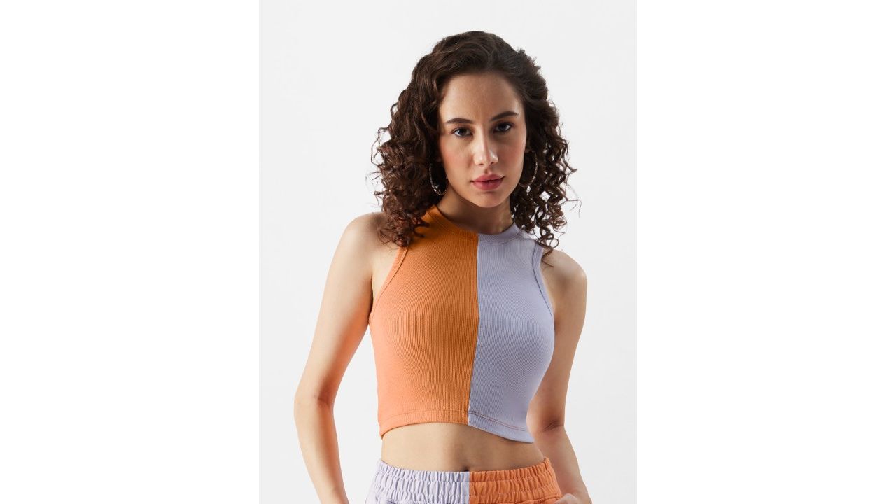 Blue Colourblocked Cotton Crop Top: Sporty, Cool, and Easy to Wear