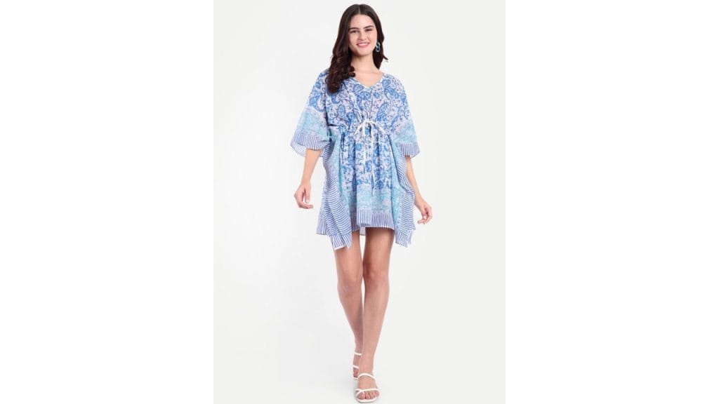 BohekantEthnic Motif Printed V-Neck Pure Cotton Short Kaftan Dress