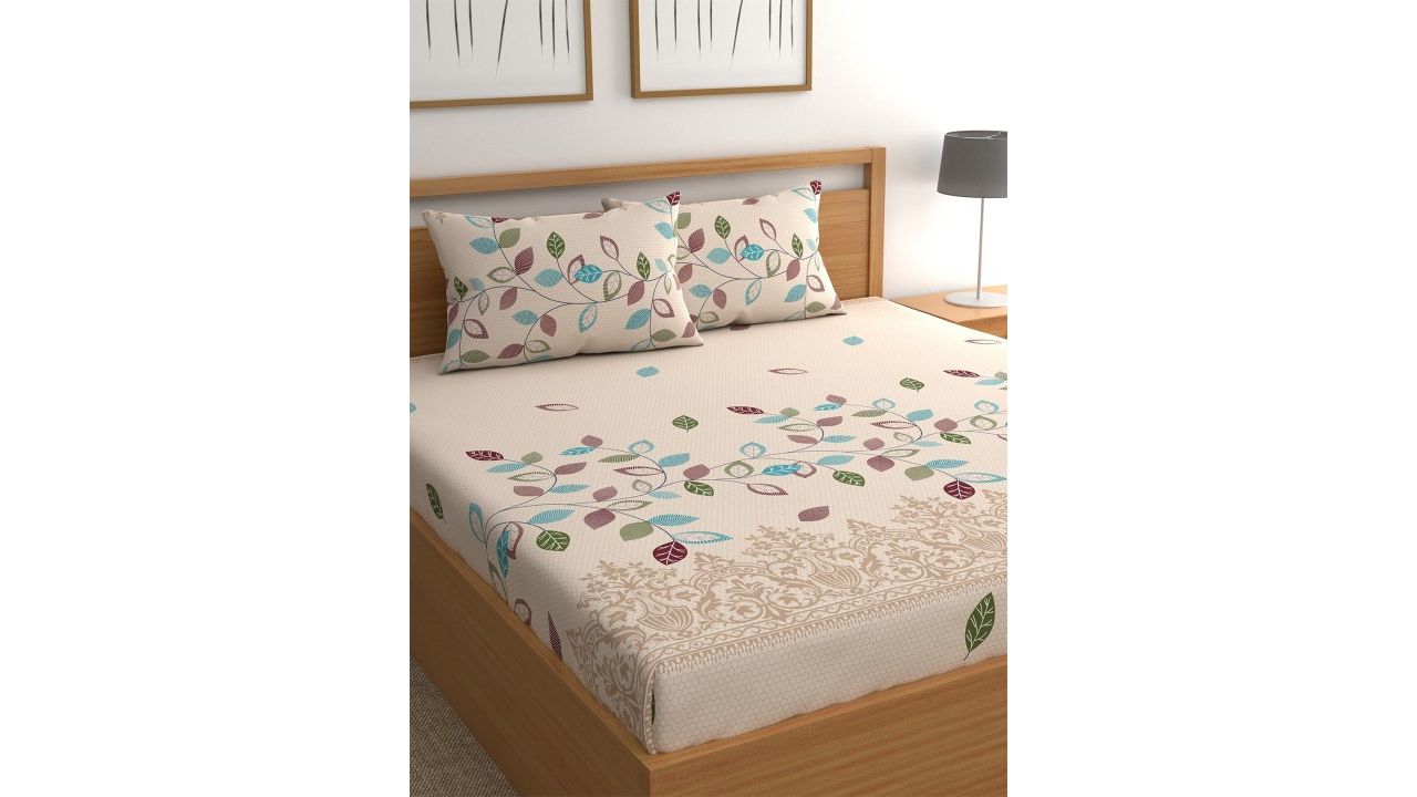 CG HOMES Beige & Blue Floral Printed 180 TC Queen Bedsheet & 2 Pillow Covers