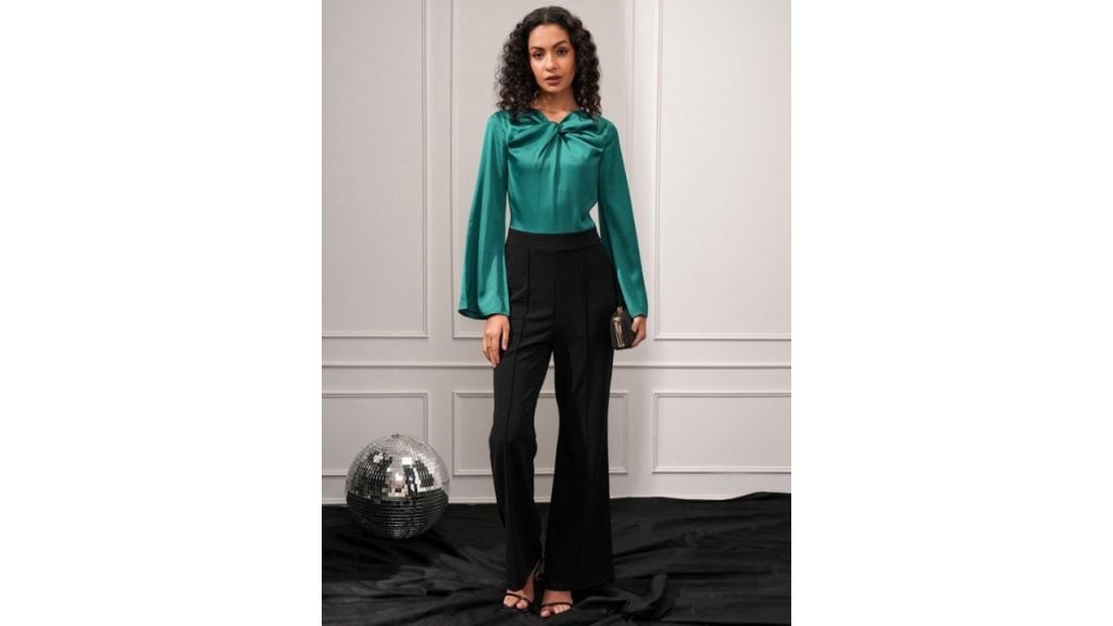 CHIC BY TOKYO TALKIES Women Teal & Black Satin Twist Flared Jumpsuit
