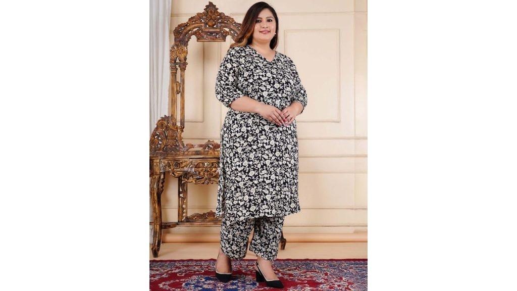 Chaukas Plus Size Floral Printed V-Neck Straight Kurta With Palazzos