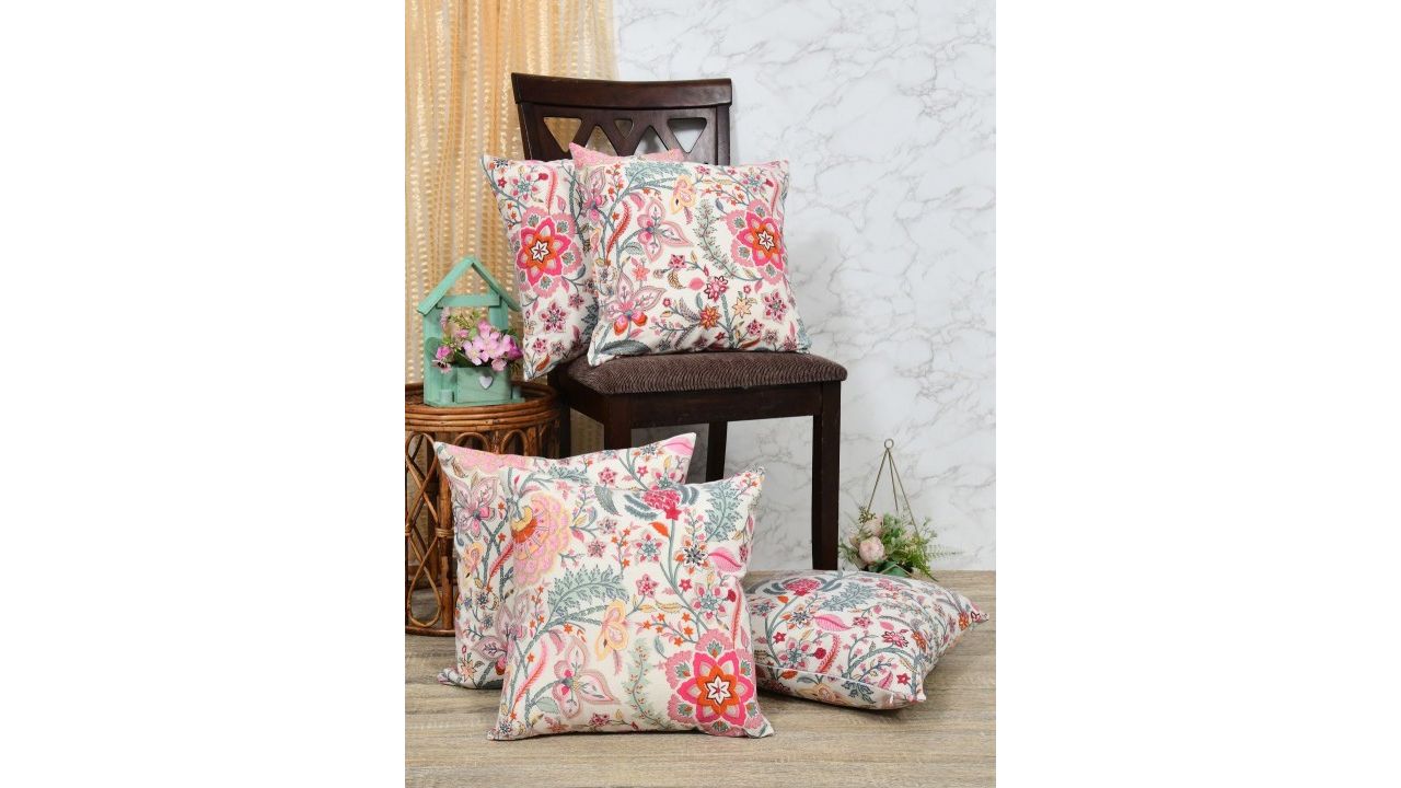 Clasiko Pink & Green 5 Pieces Floral Printed Cotton Square Cushion Covers