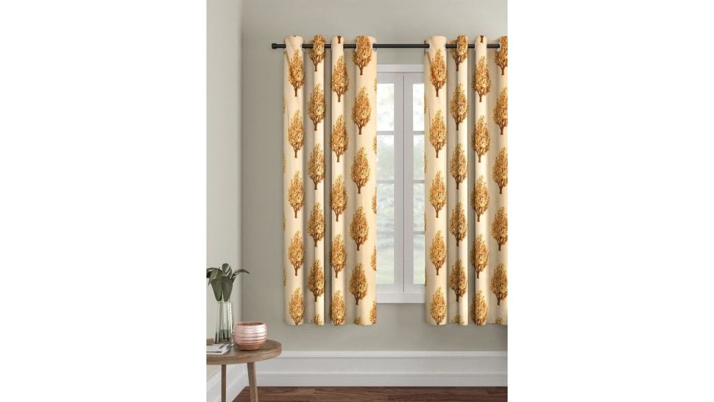 Cortina Yellow & Brown Single Floral Printed Window Curtain