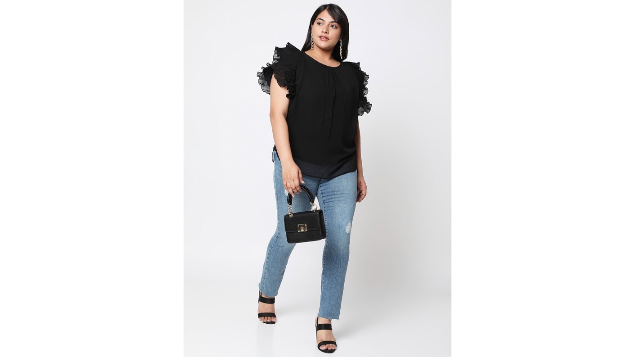 Curves by MISH Plus Size Black Ruffles Georgette Top