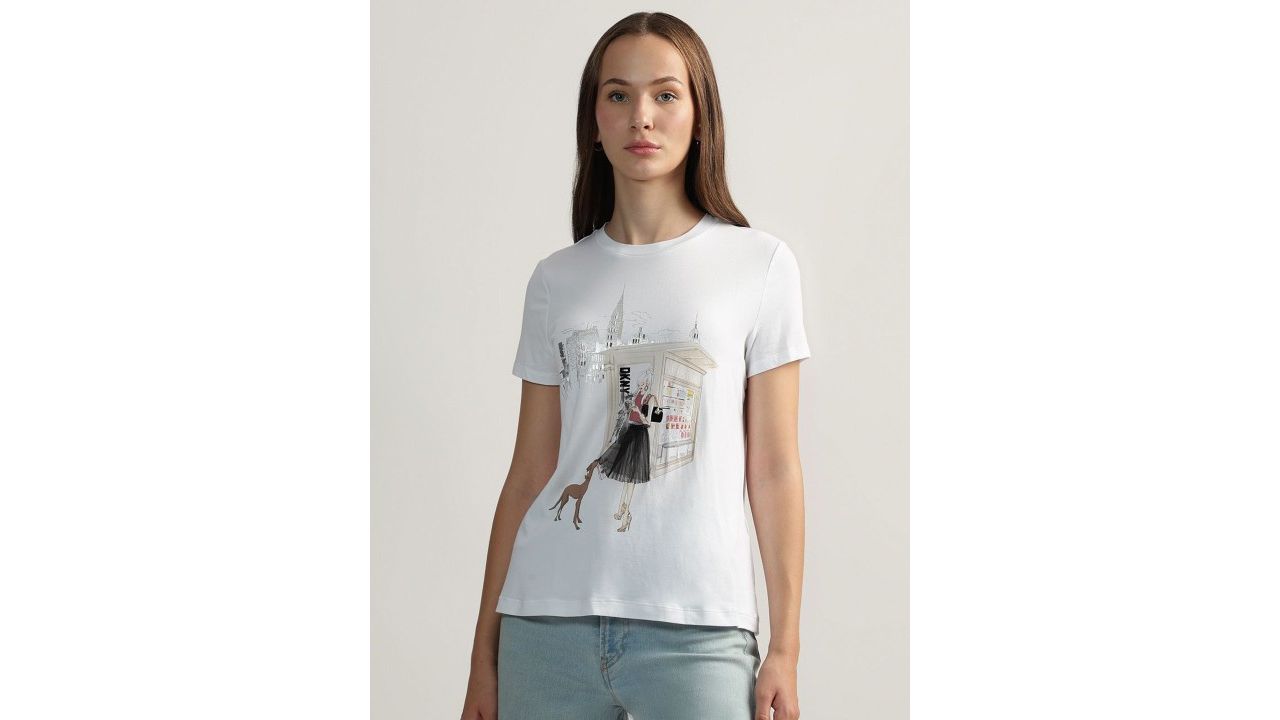 DKNY Women Graphic Printed Round Neck Cotton T-shirt