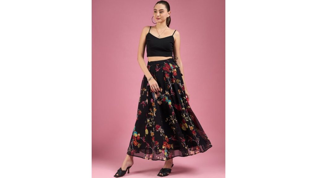 DressBerry Black Floral Printed Flared Maxi Skirts