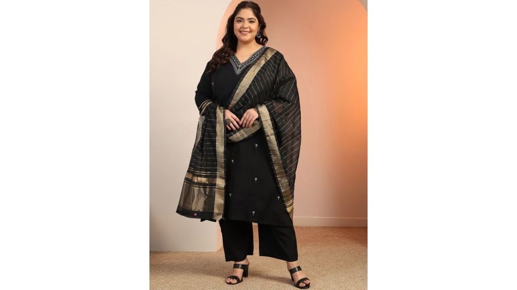 EXTRA LOVE BY LIBAS Women Plus Size Ethnic Motifs Embroidered Kurta Trousers & Dupatta