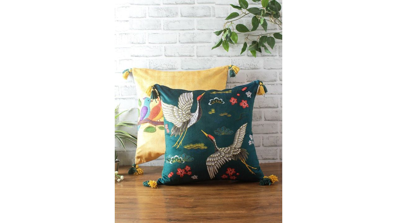 Eyda Yellow & Green Set of 2 Floral Velvet Square Cushion Covers (18x18 inch)