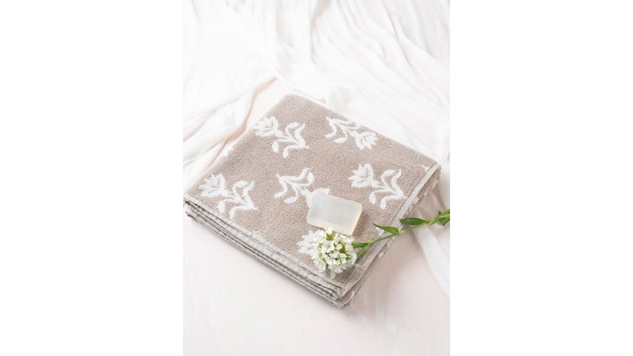 Fabindia Vikal Beige & White Floral Cotton 570 GSM Pile Hand Towel