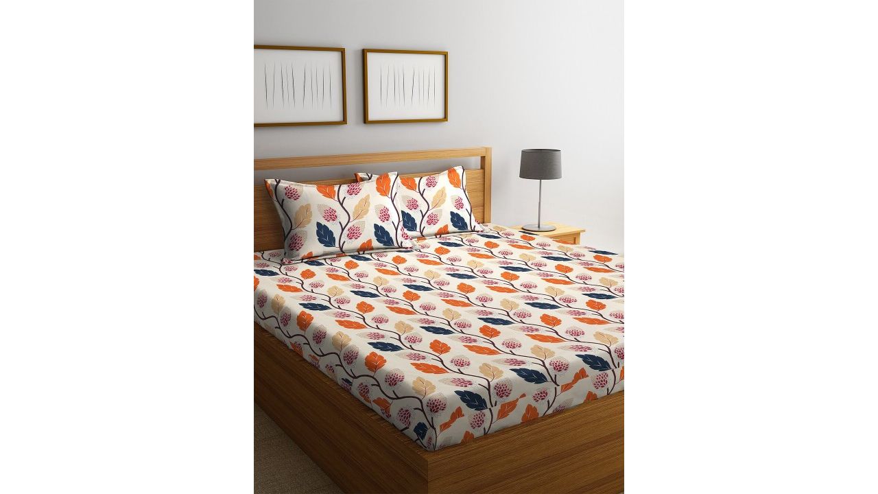 Fashion String Orange & Blue Printed 144 TC Queen Bedsheet with 2 Pillow Covers