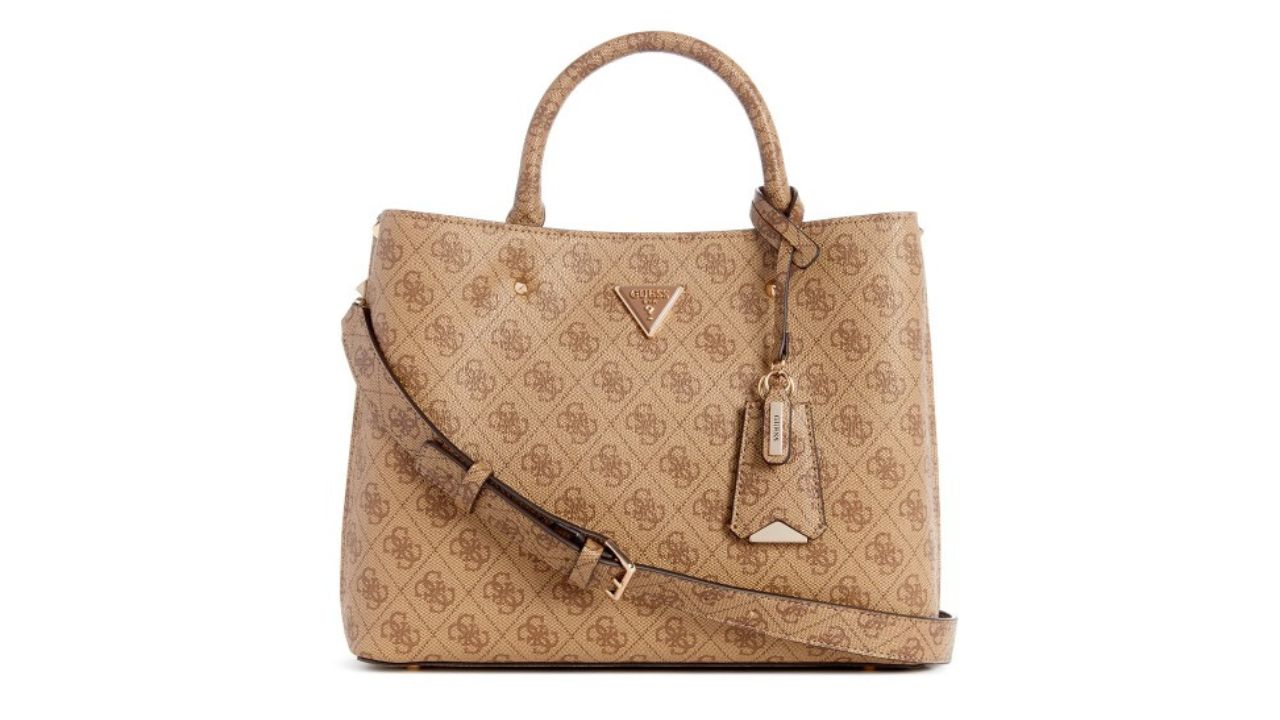 GUESS Brand Logo Printed Structured Handheld Bag (Beige & Brown)