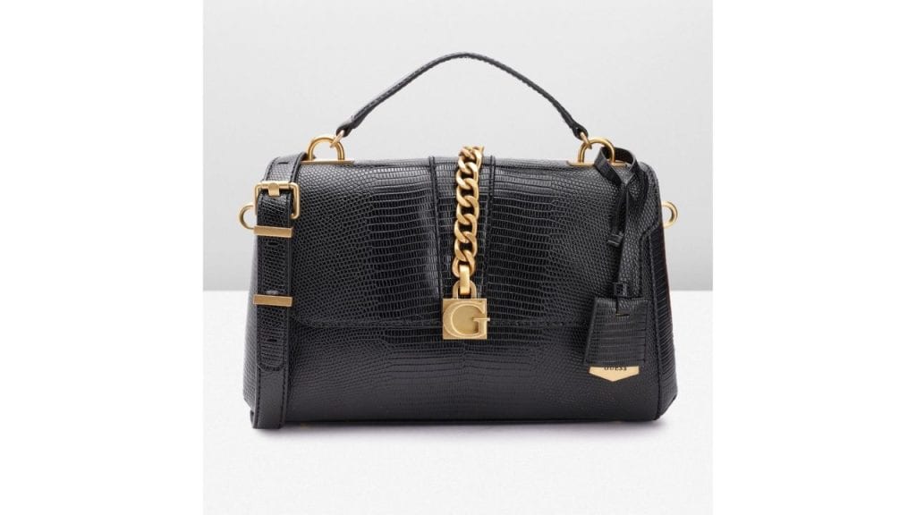 GUESSWomen Snake Skin Textured Structured Satchel Bag with Chain Detail