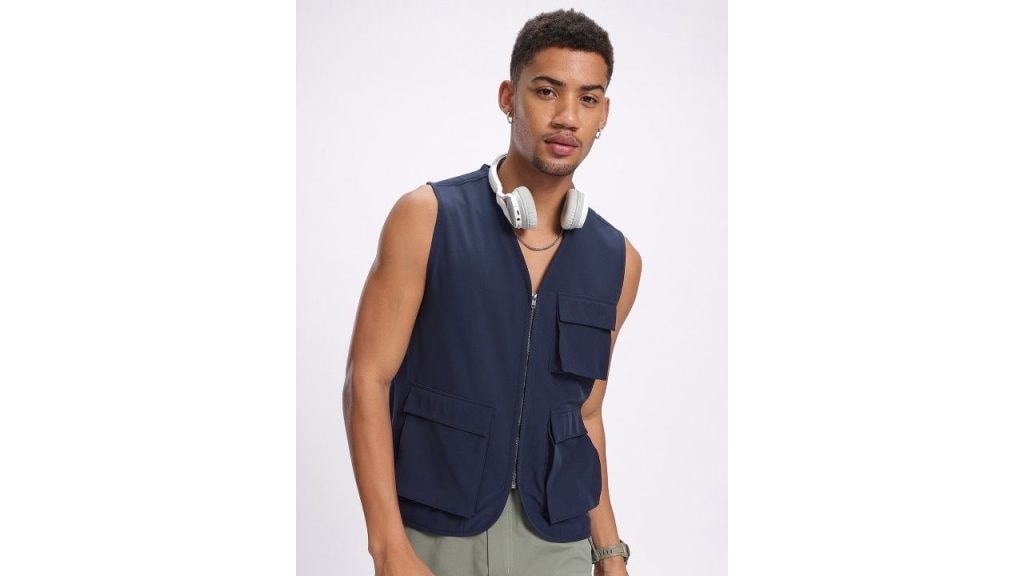 Glitchez Pockets Collarless Fitted Gilet Jacket