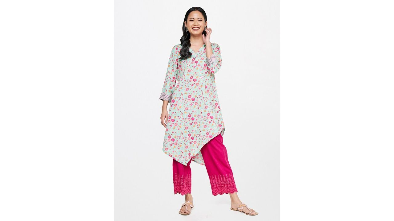 Global Desi Blue & Orange Viscose Rayon Shirt Collar Printed Tunic